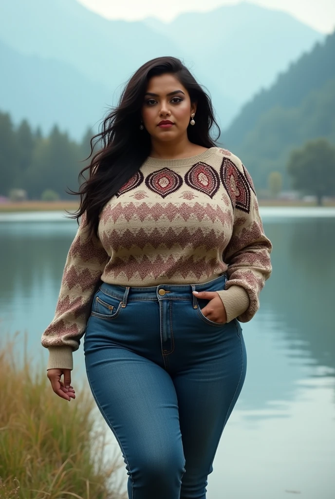 a short and thick voluptuous curvy busty beautiful Indian woman with large breasts wearing a beautiful sweater and denims walks near dal lake in Kashmir