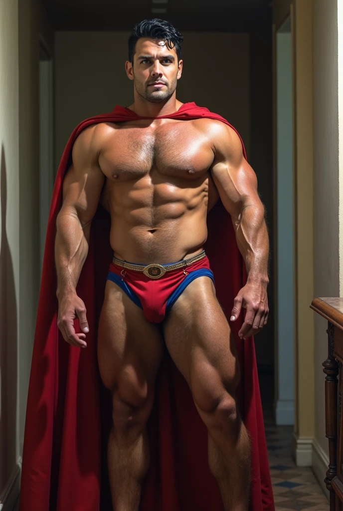 Caim e Abel 1 man full body fully shaven black hair blue eyes huge muscular 24 big thick penis large testicles greeting the viewer superman costume age 45 morning