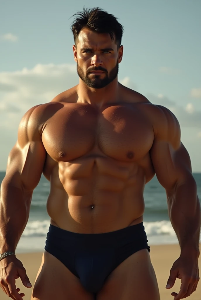 Caim e Abel 1 man full body fully shaven black hair blue eyes huge muscular 24 big thick penis large testicles greeting the viewer superman costume age 45 morning