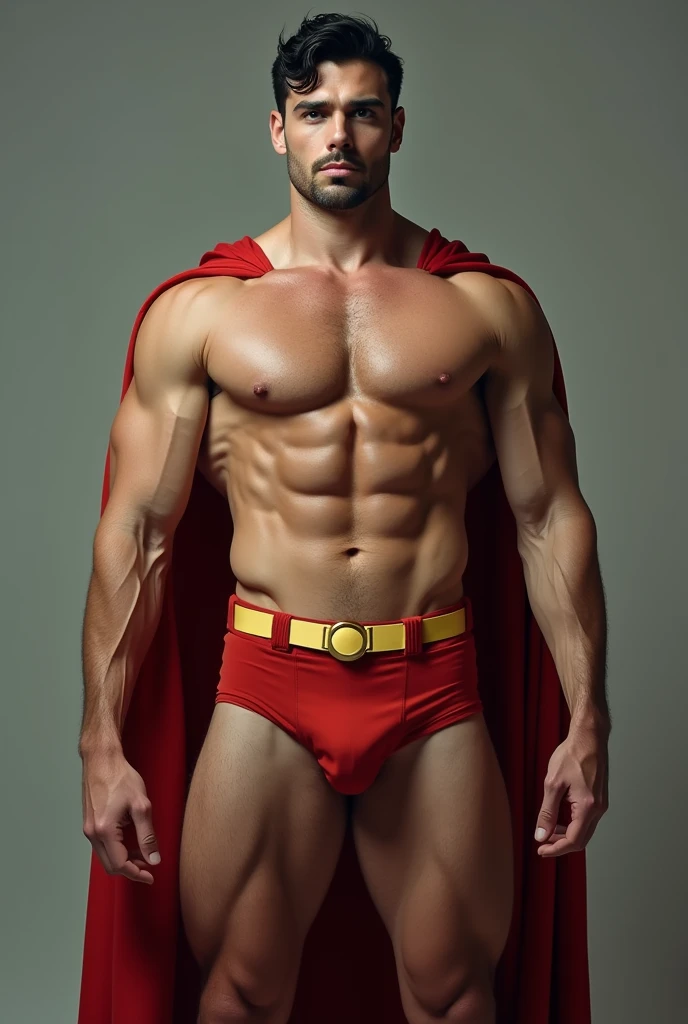 Caim e Abel 1 man full body fully shaven black hair blue eyes huge muscular 24 big thick penis large testicles greeting the viewer superman costume age 45 morning