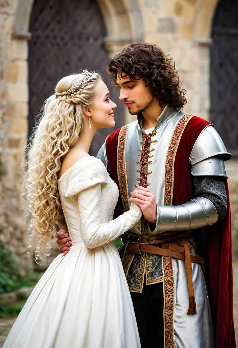 Have a medieval wedding for a couple, a curly blonde princess with a straight brunette prince