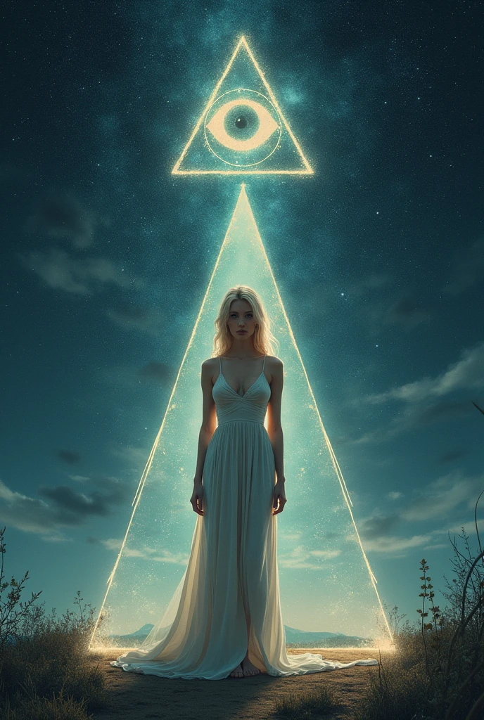 label for beer "MONJE OF SKY": central character: A pretty woman, 200cm tall wide hips, beautiful and blonde in an elegant dress, barefoot looking at the camera. Symbolic Element: The woman is located inside an equilateral triangle, that stands out in the design. bottom: A starry night sky, using light and soft colors. Mystical element: in the sky, There is a second smaller equilateral triangle with an eye in the center (in the style "All-seeing eye").