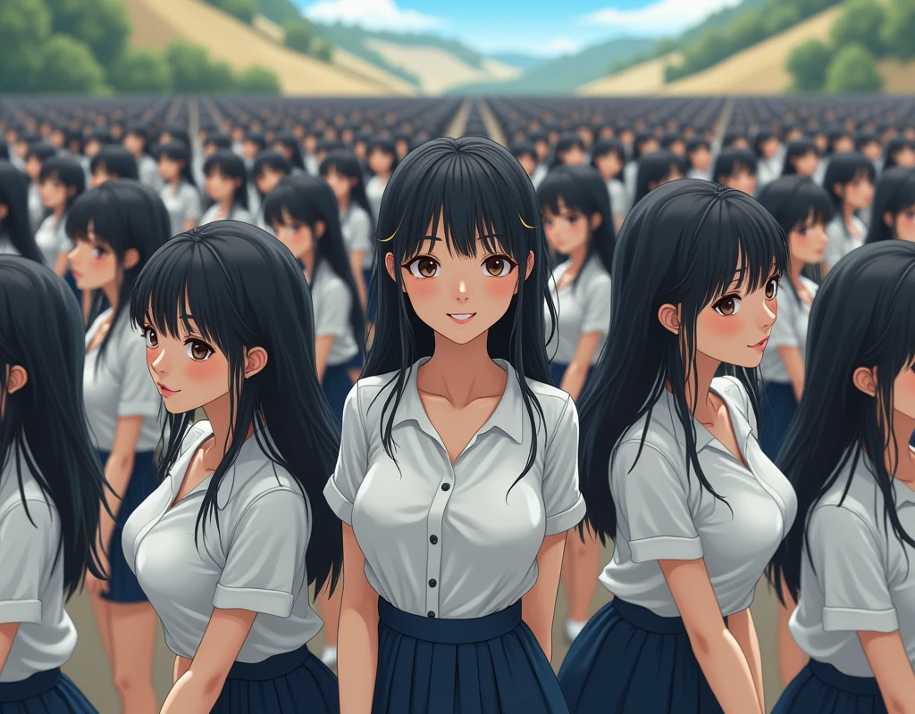 (((((Japanese Clone-girls=Myself))))), (((Super Best masterpiece Clone-girls Raw Photography Art))), (((16K, Highest quality, Ultra-high resolution, RAW Photos))), (((It's so unrealistic., With unparalleled depiction, With an unfathomable sight, An unprecedented and shocking worldview, Clone-girls: In a world of mass reproduction, Ultra-realistic))), (((Japanese Girls, Saito-Asuka, 26yo, Small face, Thick black hair, Semi-long hair, Dark Eyes, Mature face, Cute Smile, Smiling face, A gentle gaze, (((Very happy laughter)))))), (((Very beautiful detailed girls, Accurate body structure, Accurate body movements, Very detailed body, (((Super big breasts, Large bulge of ample breasts)))))), (((Summer office casual wear, White short-sleeved shirt, I can see the cleavage, Emphasise the fullness of your breasts, Dark blue mini skirt))), ((((((((Very detailed, Myself cloning, Depiction of splitting oneself, 1Myself girl→1,000,000,000,000,000,000,000,000,000,000Myself cloning girls)))))))), (((((((Myself clone-girlsから, Myself keeps multiplying, (Very detailed and intricate, To the exact, Flawless, (((In the same female body,With the same face, With the same hairstyle, In the same clothes, At the same height, 同じSuper big breastsである))), In a detailed depiction), 1,000,000,000,000,000,000,000,000,000,000 people))))))), (((((Myself girls only))))), (((((1,000,000,000,000,000,000,000,000,000,000Myself girls))))), (((Very detailed, Extremely crowded, Body-to-body contact with no gaps))), (Bright and soft lighting), (((((Clear and accurate perspective depiction, super wide view, Ultra-wide field of view, Focus on the average value of the image))))), (((((Very detailed depiction, Multiple or more Myselves, Physical contact, Pleasant conversation, Holding hands, Hug, walk))))), In a place where you can see a big slope, Myself clone-girls' clone proliferation continues々And so it continues, filling the horizon