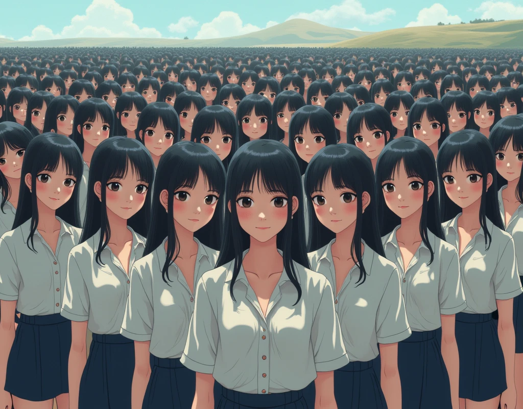 (((((Japanese Clone-girls=Myself))))), (((Super Best masterpiece Clone-girls Raw Photography Art))), (((16K, Highest quality, Ultra-high resolution, RAW Photos))), (((It's so unrealistic., With unparalleled depiction, With an unfathomable sight, An unprecedented and shocking worldview, Clone-girls: In a world of mass reproduction, Ultra-realistic))), (((Japanese Girls, Saito-Asuka, 26yo, Small face, Thick black hair, Semi-long hair, Dark Eyes, Mature face, Cute Smile, Smiling face, A gentle gaze, (((Very happy laughter)))))), (((Very beautiful detailed girls, Accurate body structure, Accurate body movements, Very detailed body, (((Super big breasts, Large bulge of ample breasts)))))), (((Summer office casual wear, White short-sleeved shirt, I can see the cleavage, Emphasise the fullness of your breasts, Dark blue mini skirt))), ((((((((Very detailed, Myself cloning, Depiction of splitting oneself, 1Myself girl→1,000,000,000,000,000,000,000,000,000,000Myself cloning girls)))))))), (((((((Myself clone-girlsから, Myself keeps multiplying, (Very detailed and intricate, To the exact, Flawless, (((In the same female body,With the same face, With the same hairstyle, In the same clothes, At the same height, 同じSuper big breastsである))), In a detailed depiction), 1,000,000,000,000,000,000,000,000,000,000 people))))))), (((((Myself girls only))))), (((((1,000,000,000,000,000,000,000,000,000,000Myself girls))))), (((Very detailed, Extremely crowded, Body-to-body contact with no gaps))), (Bright and soft lighting), (((((Clear and accurate perspective depiction, super wide view, Ultra-wide field of view, Focus on the average value of the image))))), (((((Very detailed depiction, Multiple or more Myselves, Physical contact, Pleasant conversation, Holding hands, Hug, walk))))), In a place where you can see a big slope, Myself clone-girls' clone proliferation continues々And so it continues, filling the horizon
