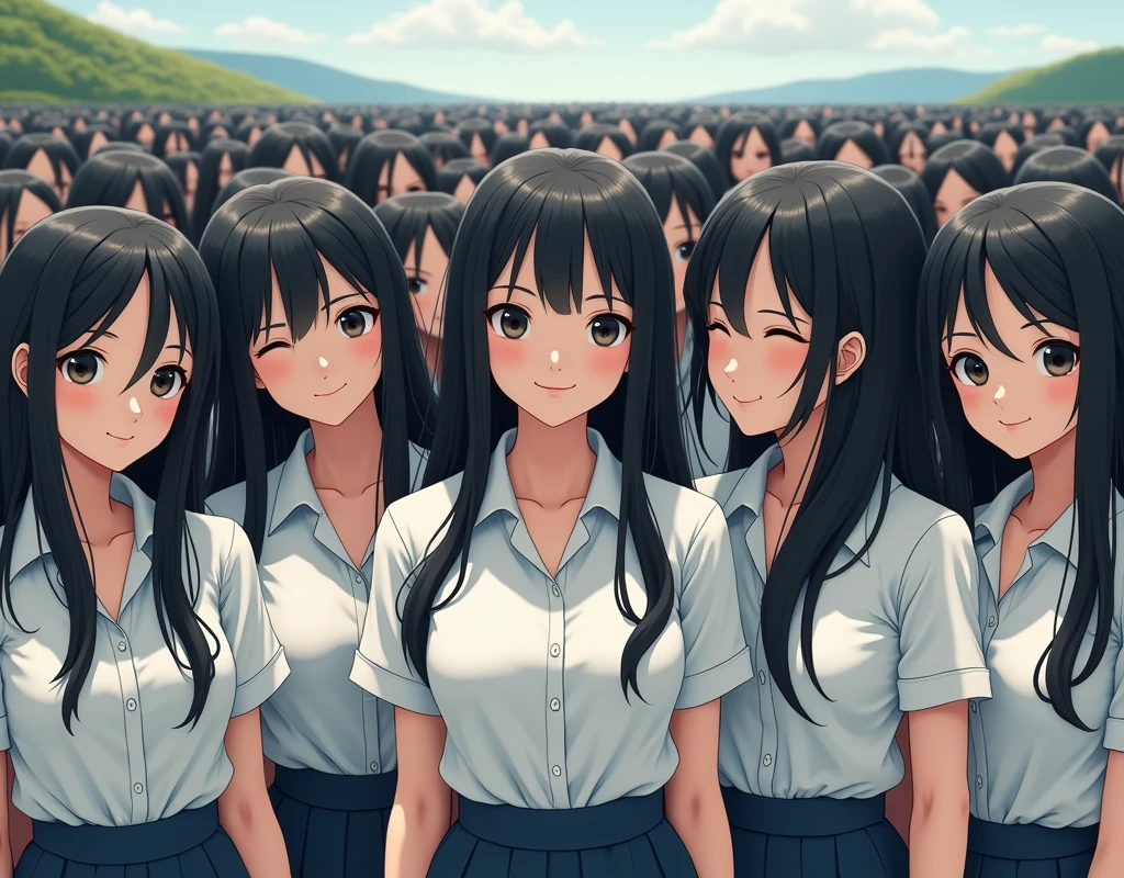 (((((Japanese Clone-girls=Myself))))), (((Super Best masterpiece Clone-girls Raw Photography Art))), (((16K, Highest quality, Ultra-high resolution, RAW Photos))), (((It's so unrealistic., With unparalleled depiction, With an unfathomable sight, An unprecedented and shocking worldview, Clone-girls: In a world of mass reproduction, Ultra-realistic))), (((Japanese Girls, Saito-Asuka, 26yo, Small face, Thick black hair, Semi-long hair, Dark Eyes, Mature face, Cute Smile, Smiling face, A gentle gaze, (((Very happy laughter)))))), (((Very beautiful detailed girls, Accurate body structure, Accurate body movements, Very detailed body, (((Super big breasts, Large bulge of ample breasts)))))), (((Summer office casual wear, White short-sleeved shirt, I can see the cleavage, Emphasise the fullness of your breasts, Dark blue mini skirt))), ((((((((Very detailed, Myself cloning, Depiction of splitting oneself, 1Myself girl→1,000,000,000,000,000,000,000,000,000,000Myself cloning girls)))))))), (((((((Myself clone-girlsから, Myself keeps multiplying, (Very detailed and intricate, To the exact, Flawless, (((In the same female body,With the same face, With the same hairstyle, In the same clothes, At the same height, 同じSuper big breastsである))), In a detailed depiction), 1,000,000,000,000,000,000,000,000,000,000 people))))))), (((((Myself girls only))))), (((((1,000,000,000,000,000,000,000,000,000,000Myself girls))))), (((Very detailed, Extremely crowded, Body-to-body contact with no gaps))), (Bright and soft lighting), (((((Clear and accurate perspective depiction, super wide view, Ultra-wide field of view, Focus on the average value of the image))))), (((((Very detailed depiction, Multiple or more Myselves, Physical contact, Pleasant conversation, Holding hands, Hug, walk))))), In a place where you can see a big slope, Myself clone-girls' clone proliferation continues々And so it continues, filling the horizon