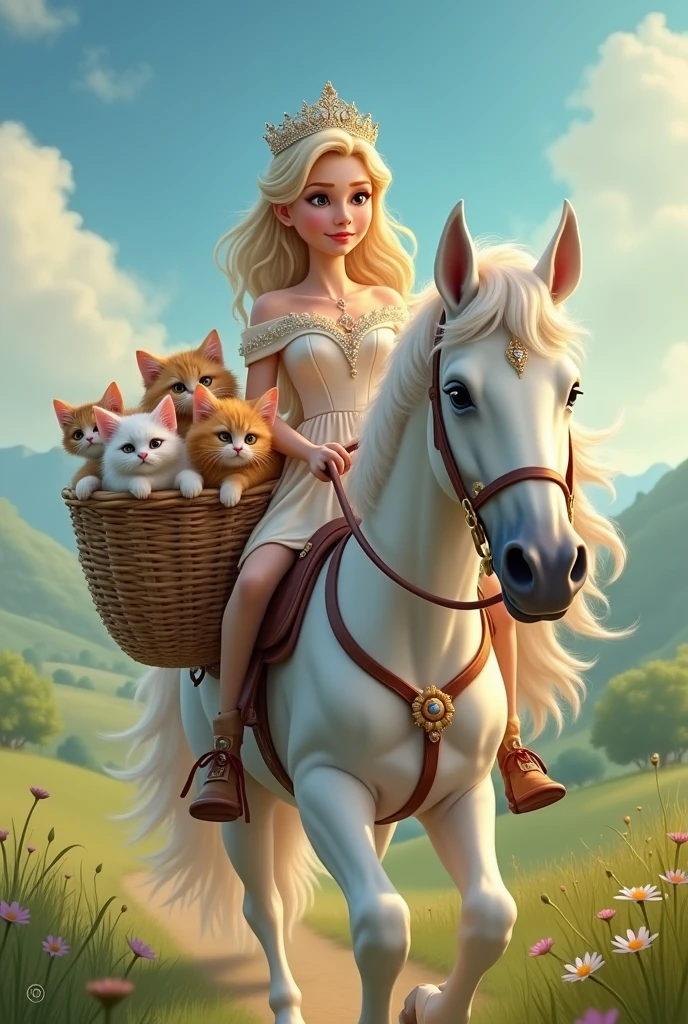 A princess with tiara riding a white beautiful horse while holding a basket full of cats