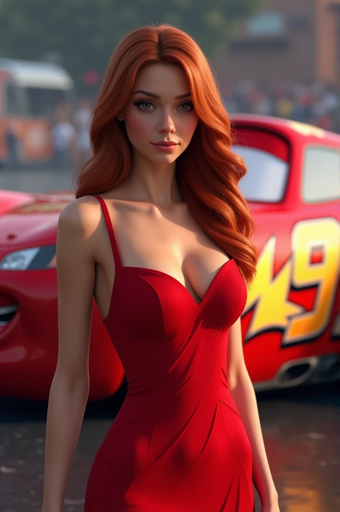 Create an image of a wearing a red dress with background of lighting mcqueen