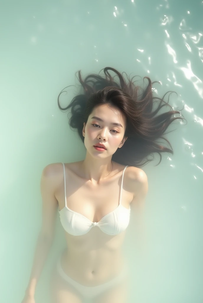 (masterpiece: 1.3), (8K, Photorealistic, Raw Photo, Best Quality: 1.4), A top-down shot of a woman floating on a bed of milky , her body gently rising above the surface, gazing directly at the camera with a calm expression, soft ripples forming around her, under diffused lighting, shot with a Nikon Z7 II, 50mm lens, smooth pastel tones with a focus on creamy whites