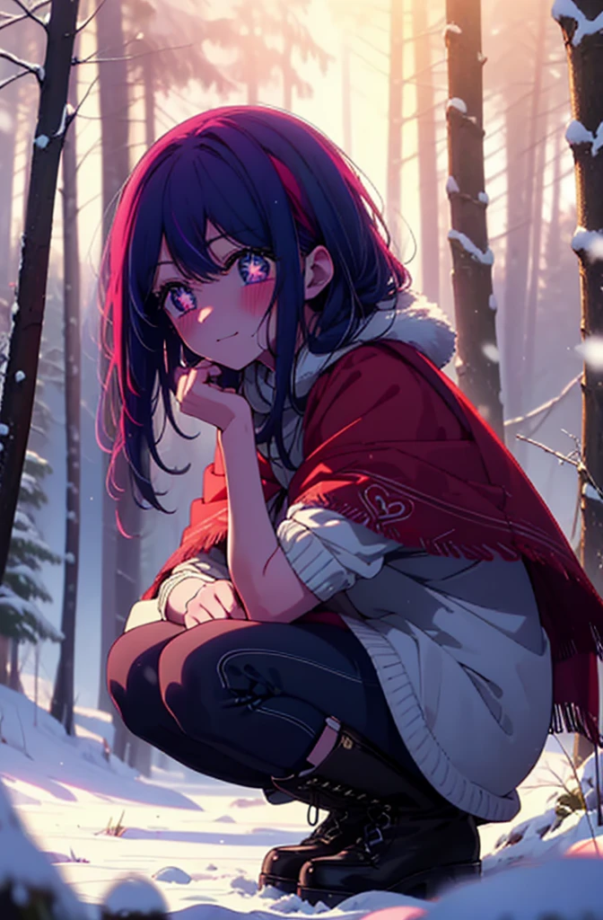 aihoshino, Ai Hoshino, Long Hair, bangs, (Purple eyes:1.1), Purple Hair, (Symbol-shaped pupil:1.5), smile,,smile,blush,white breath,
Open your mouth,snow,Ground bonfire, Outdoor, boots, snowing, From the side, wood, suitcase, Cape, Blurred, , forest, White handbag, nature,  Squat, Mouth closed, Cape, winter, Written boundary depth, Black shoes, red Cape break looking at viewer, Upper Body, whole body, break Outdoor, forest, nature, break (masterpiece:1.2), Highest quality, High resolution, unity 8k wallpaper, (shape:0.8), (Beautiful and beautiful eyes:1.6), Highly detailed face, Perfect lighting, Extremely detailed CG, (Perfect hands, Perfect Anatomy),