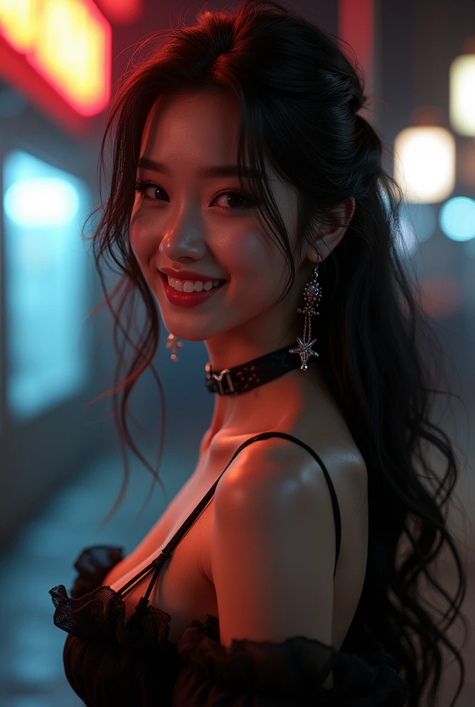 8k, masterpiece, raw photo, Best Quality, photorealistic, extremely detailed CG unity 8k wallpaper, depth of field, cinematic light, Lens flare, ray tracing, (extremely beautiful face, Beautiful lips, pretty eyes), face with intricate details, ((ultra detailed skin)) 1 girl, In the dark, deep shadow, cute korean girl, kpop idol, 1 girl, (very thin slender fit-muscled body:1.3), ((looking at the viewer)),(big smile:1.3), (Midnight, dark night, (neon sign), (blurred background), luz outfit), (without people in the background:1.3), Beautiful earrings, wifes, collar, shackles, light eyes, walking , front shot, (Pale skin), (large eyes), look forward, (full body shot), (brown hairs), open navel, (looking at the viewer:1.3), very thin, medium breasts, (camel toe), thick thighs, Return, (flowy lace-up mini dress), ((white dress)), (Tight skirt), ((Coming back, return shot)), Ultra mini skirt, exposed ass, top shot nude