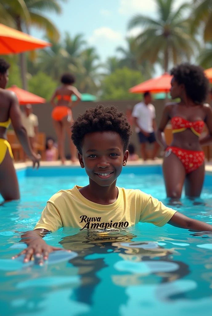 A boy of 18 years sitting in a swimming pool with a t-shirt with a name Ruwa Amapiano Festival and that t-shirt should have a small logo named city icon brand
and other girls dancing along side the pool and a Dj mixing the tunes