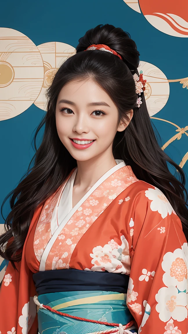 (SeaArt creates stunning illustrations of beautiful women in kimono)、Vividly colored Japanese Ukiyo-e style illustrations、A beautiful woman smiles and shows her upper white teeth、Brown-black long hair、Beautiful full body style、If you want to dance, let&#39;s dance, Tokyo Ondo, Yoi Yoi、Beautiful new digital paintings,、Bright vibrant digital anime art、 Beautiful anime portraits、background,Torii gate front of Japanese shrine、 Detailed digital anime art、