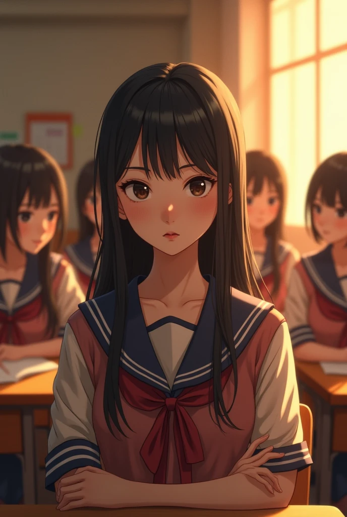 (photorealism:1.2), beautiful bangs cut girl in a classroom, wearing school uniform in class , soft lighting, mean girls in background, window with sunlight, cozy classroom, bulling pose, realistic, intricate details, warm colors, by Greg Rutkowski, by Alphonse Mucha chinese student girl age 18
Bad girl fighting with the Chinese students age 19 jealousy girl