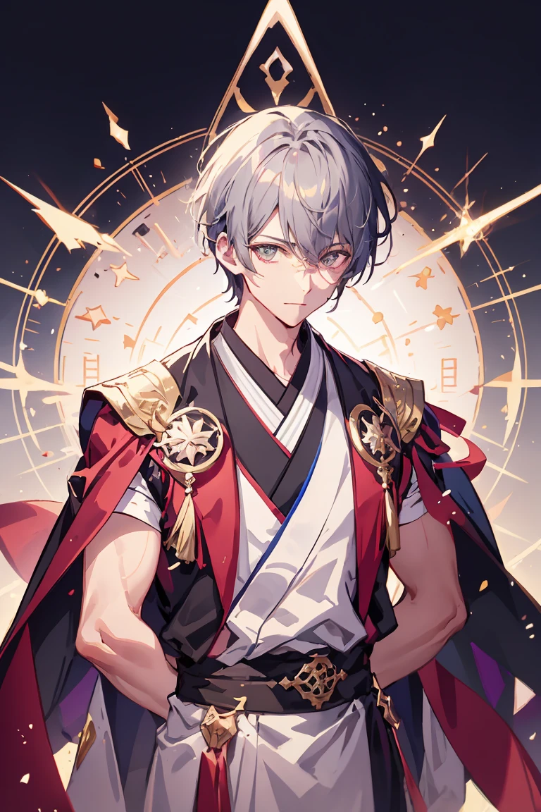 １people,male,Highest quality,Highest quality,Short Bob Hair､Transparency､Gray Hair､kimono､Arms crossed behind back､Muscular,Short Hair､Short cut