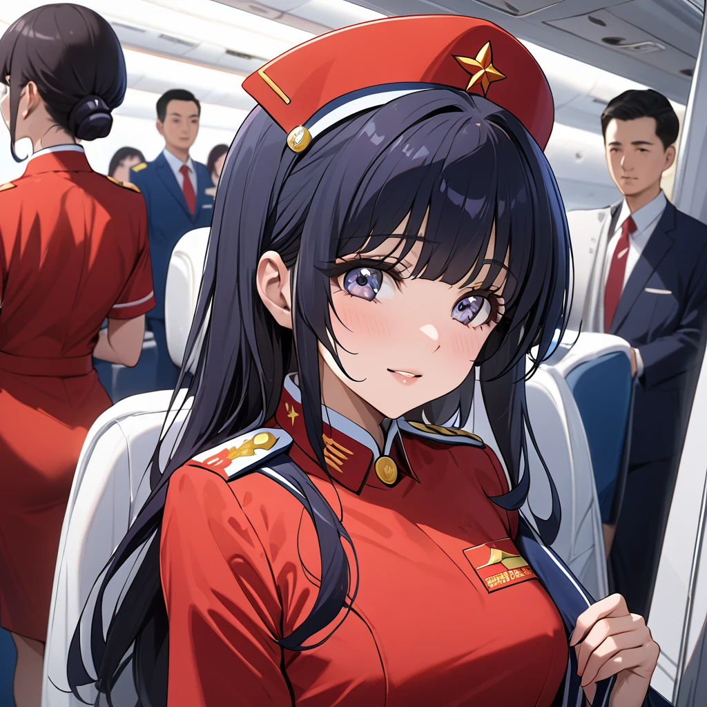 ((Highest quality)), ((masterpiece)), (detailed), (Perfect Face)、The woman is Reika Aoki with semi-long hair、The woman is a flight attendant for a Chinese airline working exclusively for the Chinese Communist Party.、Red Uniform