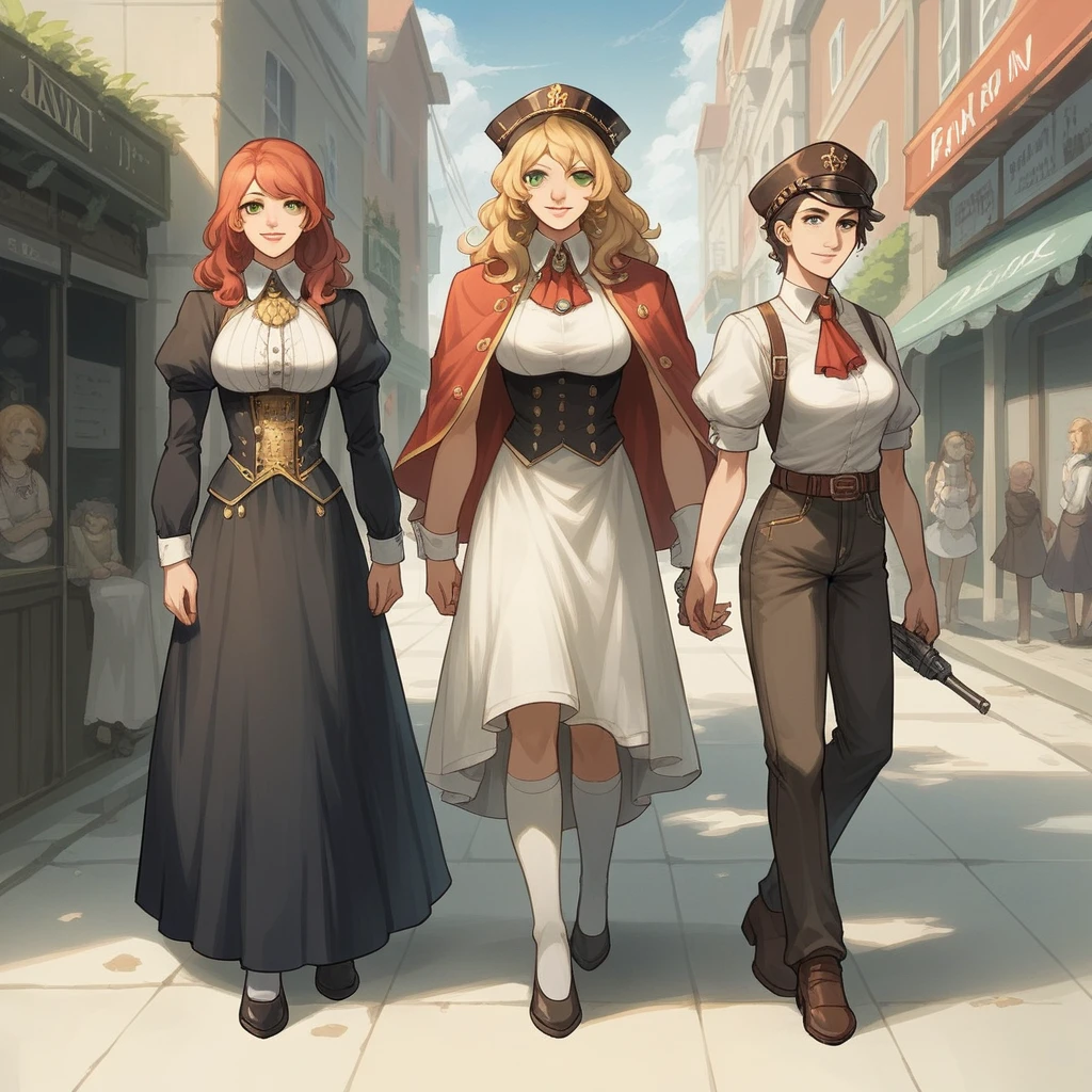 There are two people standing on the street, Wearing a sophisticated steampunk dress, Cinematic style photos, Two Women, Inspired by Jean Tabaud, Three women, terminal, Murloc, Photography 2008, John McCaig, Humanization, 5 0 0 Pixel Model, Promotional photos, 19th Century Photography