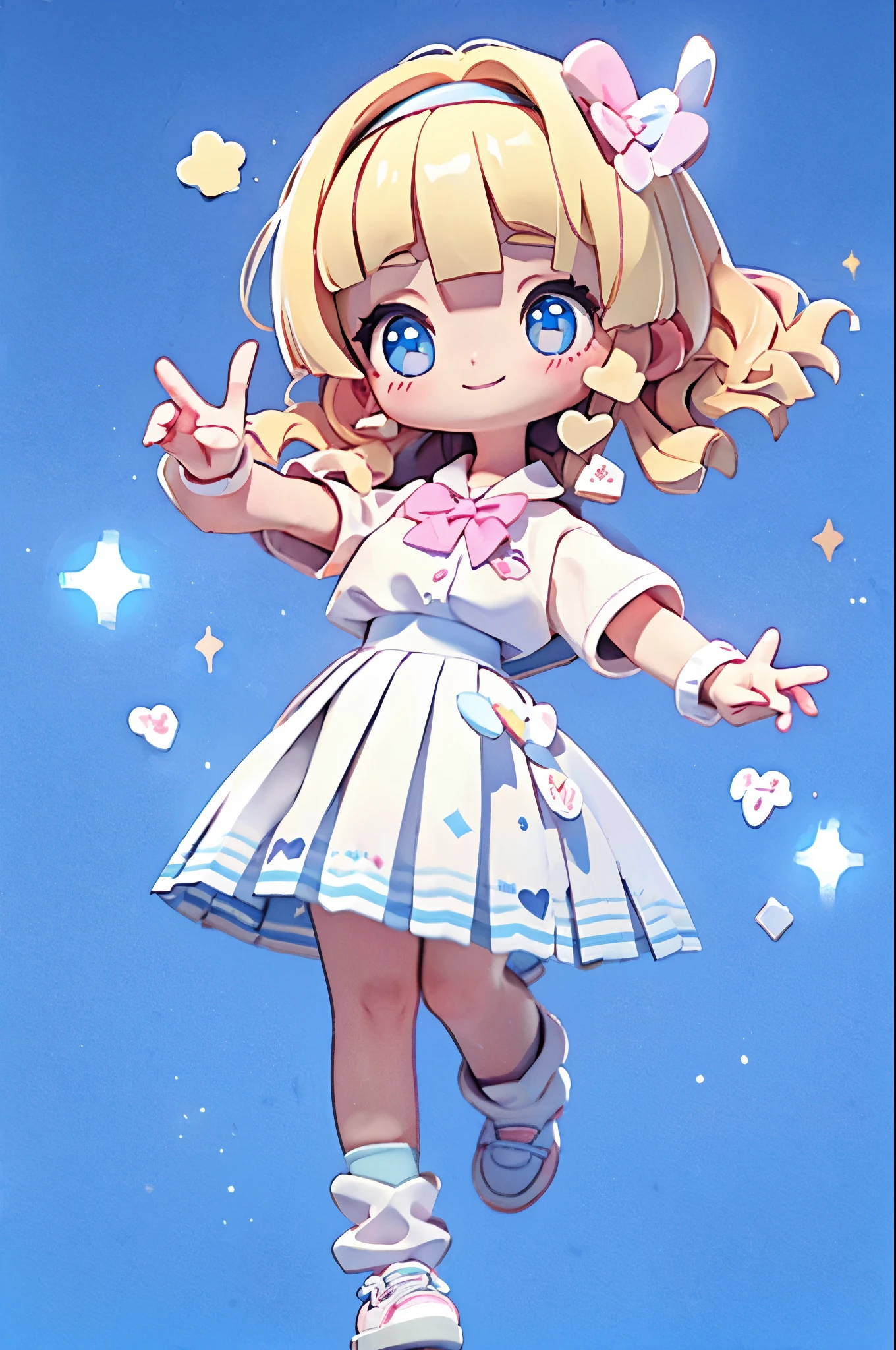 high resolution,smile,laugh,woman,woman1人,adult,Clear,cute,from front,
((chibi)),
((peace sign)),
Sparkling eyes,
blunt bangs,wavy hair,Blonde Hair,BREAK,
Light blue eyes,BREAK,
high school girl,uniform,White shirt,BREAK,Pink mini pleated skirt,BREAK,
White socks,White sneakers,BREAK,
Heart Hairpin,BREAK,
Facing forward,BREAK,Light blue background,
