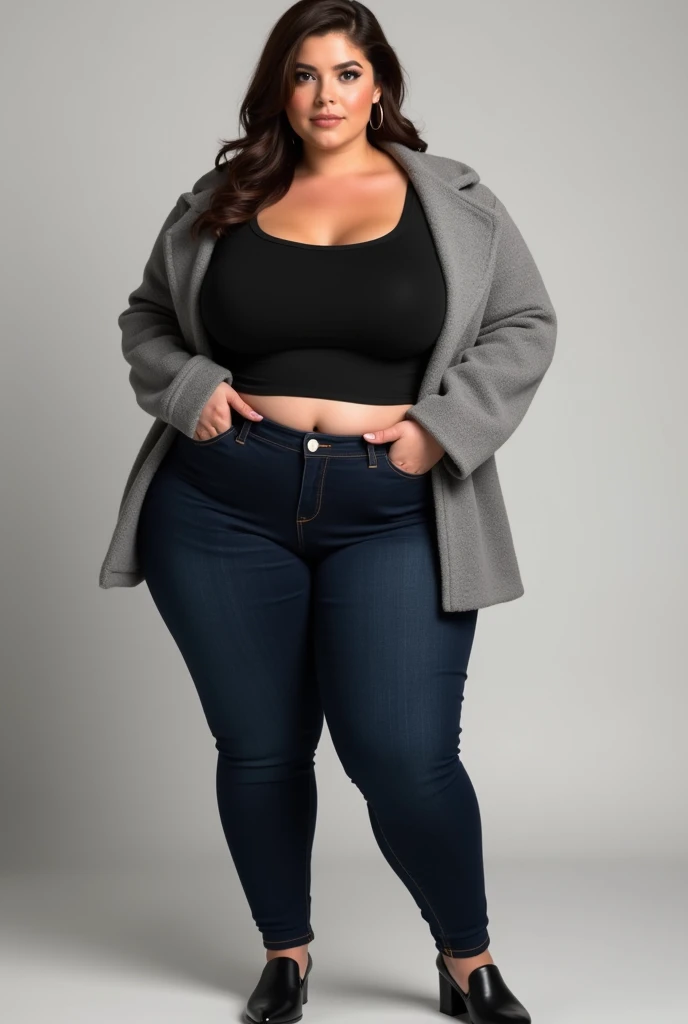 6 feet girl wuth black top and dark navy
blue jeans with grey shrugs breast 38C, waist-34 Abdominal- 38 with thick size