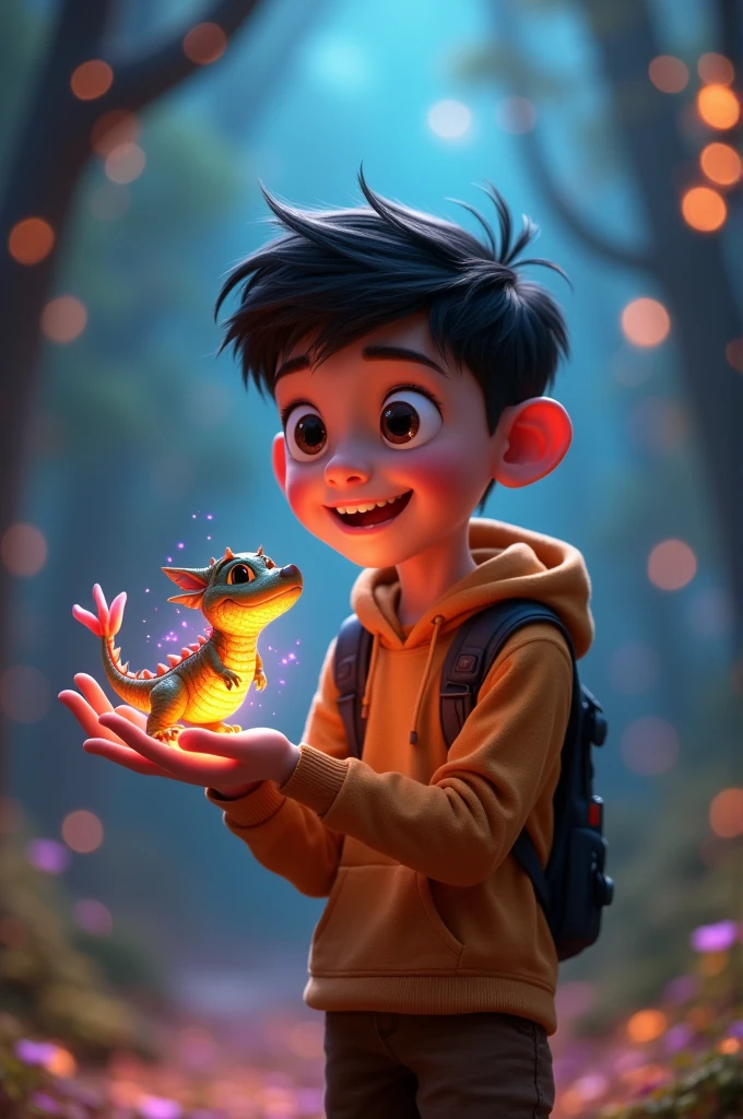 Janret in cinemetic 3d carton stail **"Aryan's Magical Pet":** Aryan bonding with his own magical creature, a small, dragon-like being with glowing scales, sitting on his shoulder or perched on his hand.