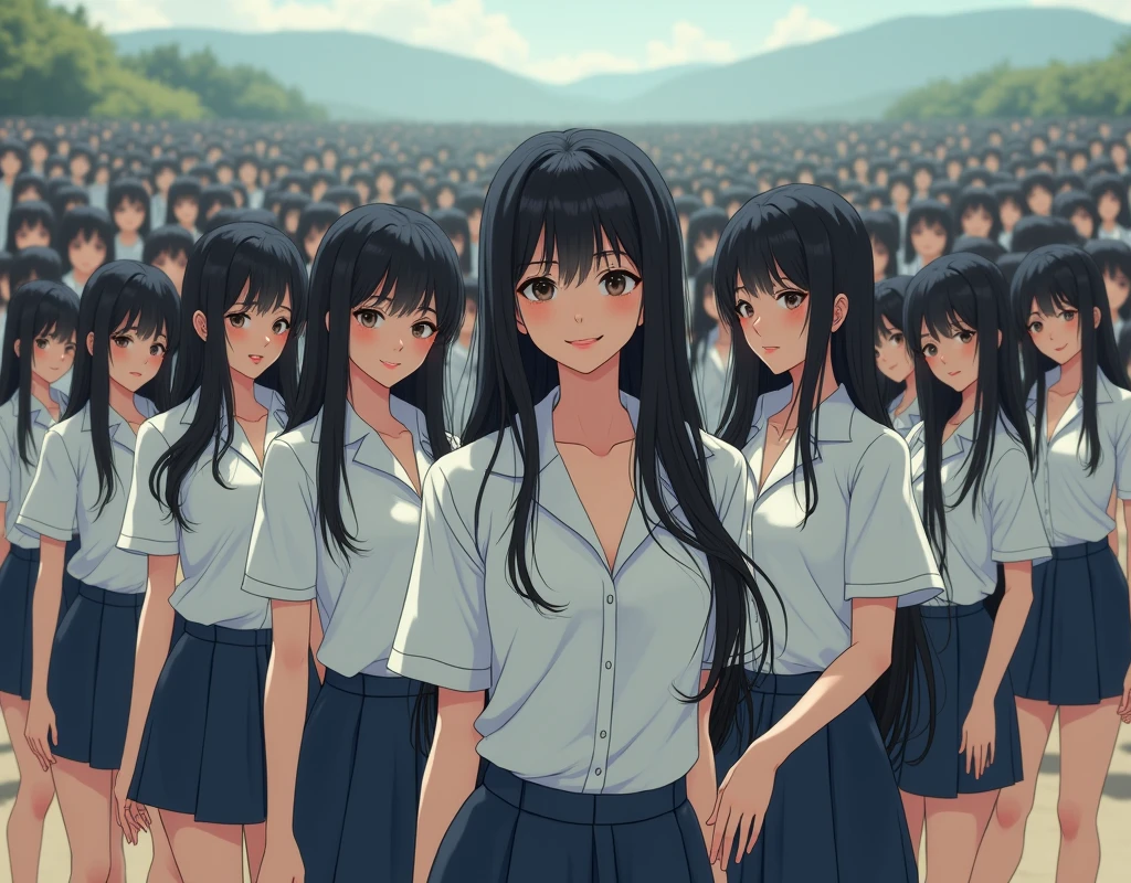 (((((Japanese Clone-girls=Myself))))), (((Super Best masterpiece Clone-girls Raw Photography Art))), (((16K, Highest quality, Ultra-high resolution, RAW Photos))), (((It's so unrealistic., With unparalleled depiction, With an unfathomable sight, An unprecedented and shocking worldview, Clone-girls: In a world of mass reproduction, Ultra-realistic))), (((Japanese Girls, Saito-Asuka, 26yo, Small face, Thick black hair, Semi-long hair, Dark Eyes, Mature face, Cute Smile, Smiling face, A gentle gaze, (((Very happy laughter)))))), (((Very beautiful detailed girls, Accurate body structure, Accurate body movements, Very detailed body, (((Super big breasts, Large bulge of ample breasts)))))), (((Summer office casual wear, White short-sleeved shirt, I can see the cleavage, Emphasise the fullness of your breasts, Dark blue mini skirt))), ((((((((Very detailed, Myself cloning, Depiction of splitting oneself, 1Myself girl→1,000,000,000,000,000,000,000,000,000,000Myself cloning girls)))))))), (((((((Myself clone-girlsから, Myself keeps multiplying, (Very detailed and intricate, To the exact, Flawless, (((In the same female body,With the same face, With the same hairstyle, In the same clothes, At the same height, 同じSuper big breastsである))), In a detailed depiction), 1,000,000,000,000,000,000,000,000,000,000 people))))))), (((((Myself girls only))))), (((((1,000,000,000,000,000,000,000,000,000,000Myself girls))))), (((Very detailed, Extremely crowded, Body-to-body contact with no gaps))), (Bright and soft lighting), (((((Clear and accurate perspective depiction, super wide view, Ultra-wide field of view, Focus on the average value of the image))))), (((((Very detailed depiction, Multiple or more Myselves, Physical contact, Pleasant conversation, Holding hands, Hug, walk))))), In a place where you can see a big slope, Myself clone-girls' clone proliferation continues々And so it continues, filling the horizon