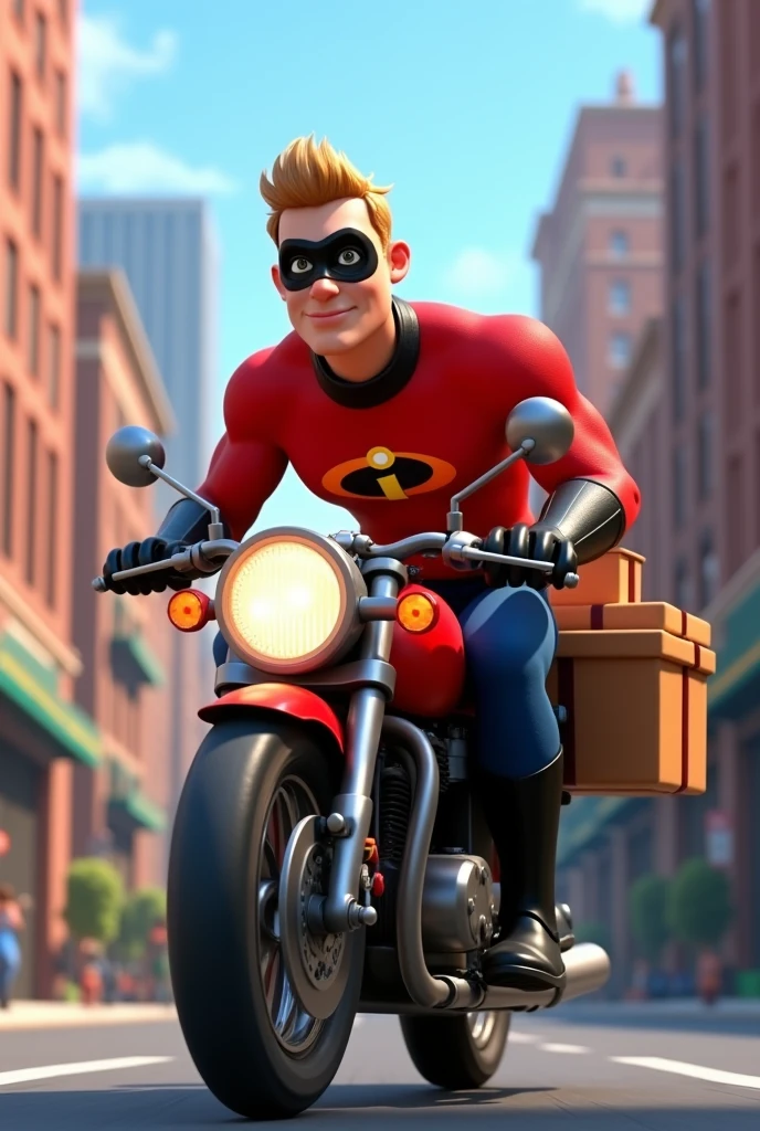 20 year old male DELIERY DELIVERY MAN, dressed as The Incredibles, on a motorcycle delivering customer orders 3D character rendering, cartoon character, Character from The Incredibles, character posing, (Pixar-style) (best qualityer) (skin detailed) (detailed texture) (8k) (Argilla) (cinematic lighting) (sharp focus