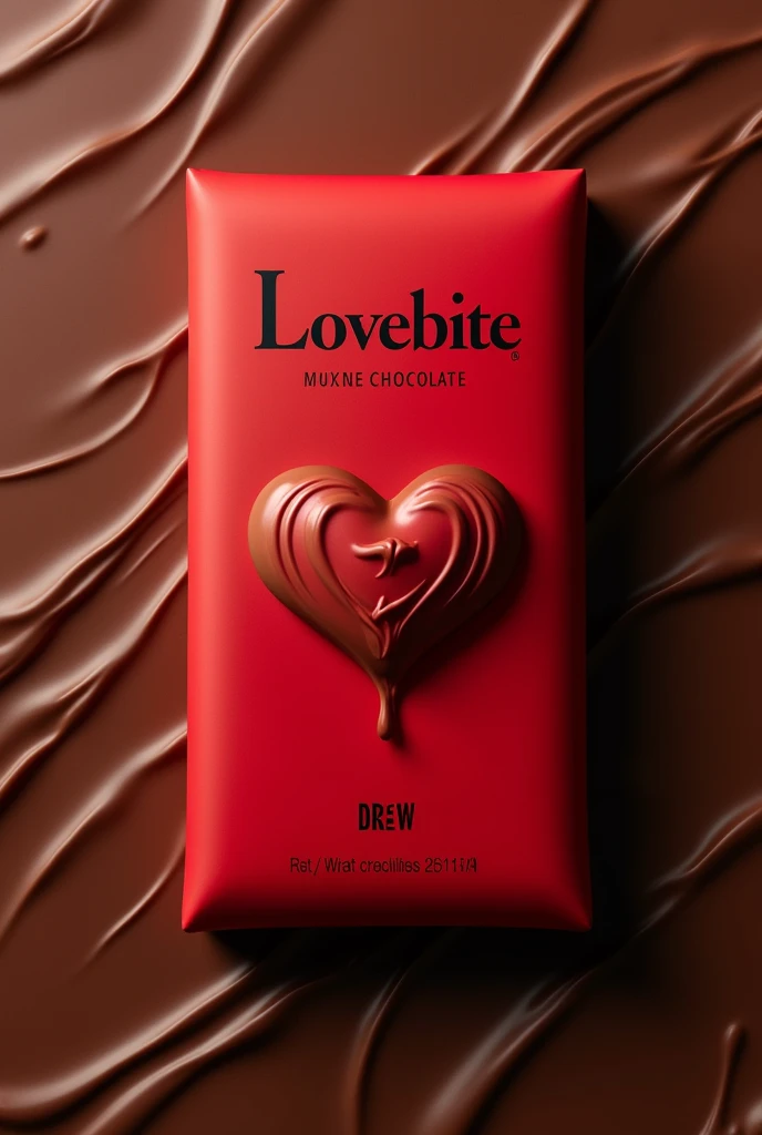 New chocolate packaging with lovebite branding on it, Premium packaging of the product with red colour pack. Background covered in chocolate.