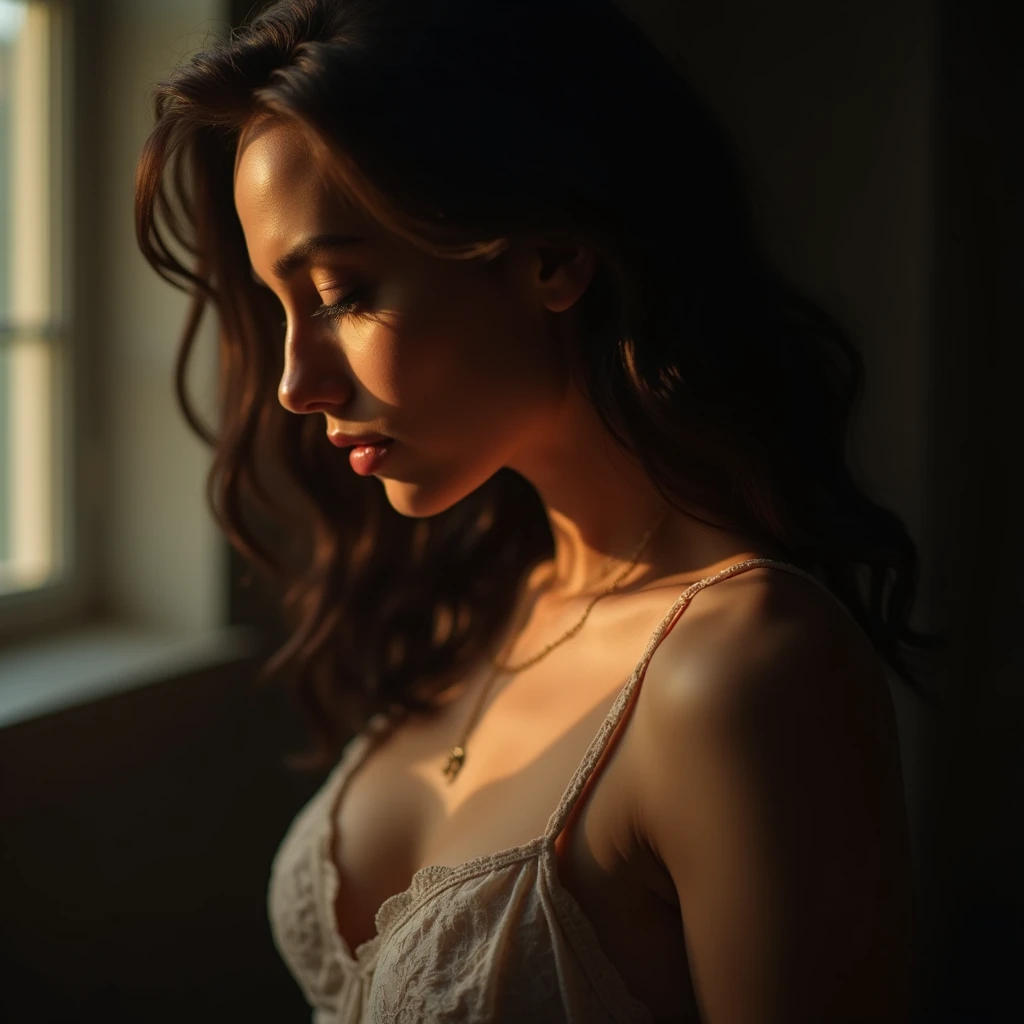 Portrait, masterpiece,best quality,official art, extremely detailed CG unity 8k wallpaper,absurdres,8k resolution, hyper realistic, ultra realistic, highly detailed, intricate detailed,
A beautiful Russian girl, 20 years old, sexy moist lips, wearing white lace spaghetti strap night dress, in very dark room, standing by the window with horizontal curtain blinds, the sunset light outside entering through the gaps of the curtains (((forming a sharp striped horizontal pattern on her face))), warm color grading, her hand slightly touching and opening the curtains for peeking outside, she's looking outside the windows. High contrast photo, strong shadow and highlight, ((dramatic lighting, low key photography)), her silhouette illuminated by a warm backlight. The hot light from behind creates a soft, golden glow around her figure, highlighting the curves of her body in a delicate and sensual manner, close photo taken