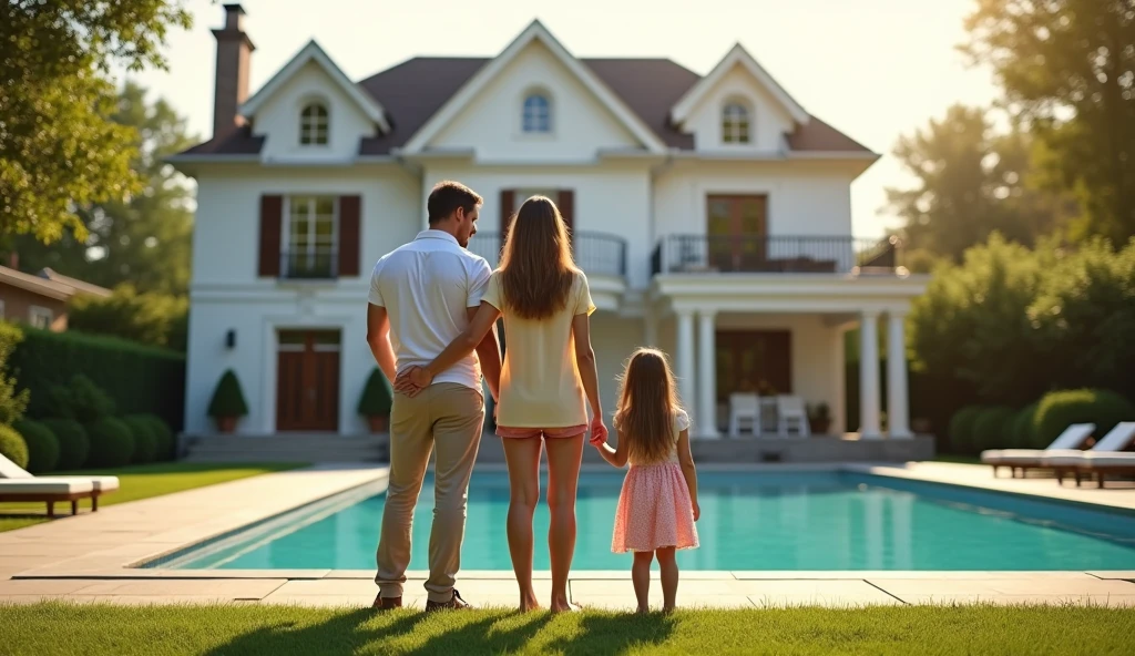 A married couple with 2 girls aged 11 and 1 year stand facing the house next to a luxurious two-story house with a swimming pool in sunny weather, full body