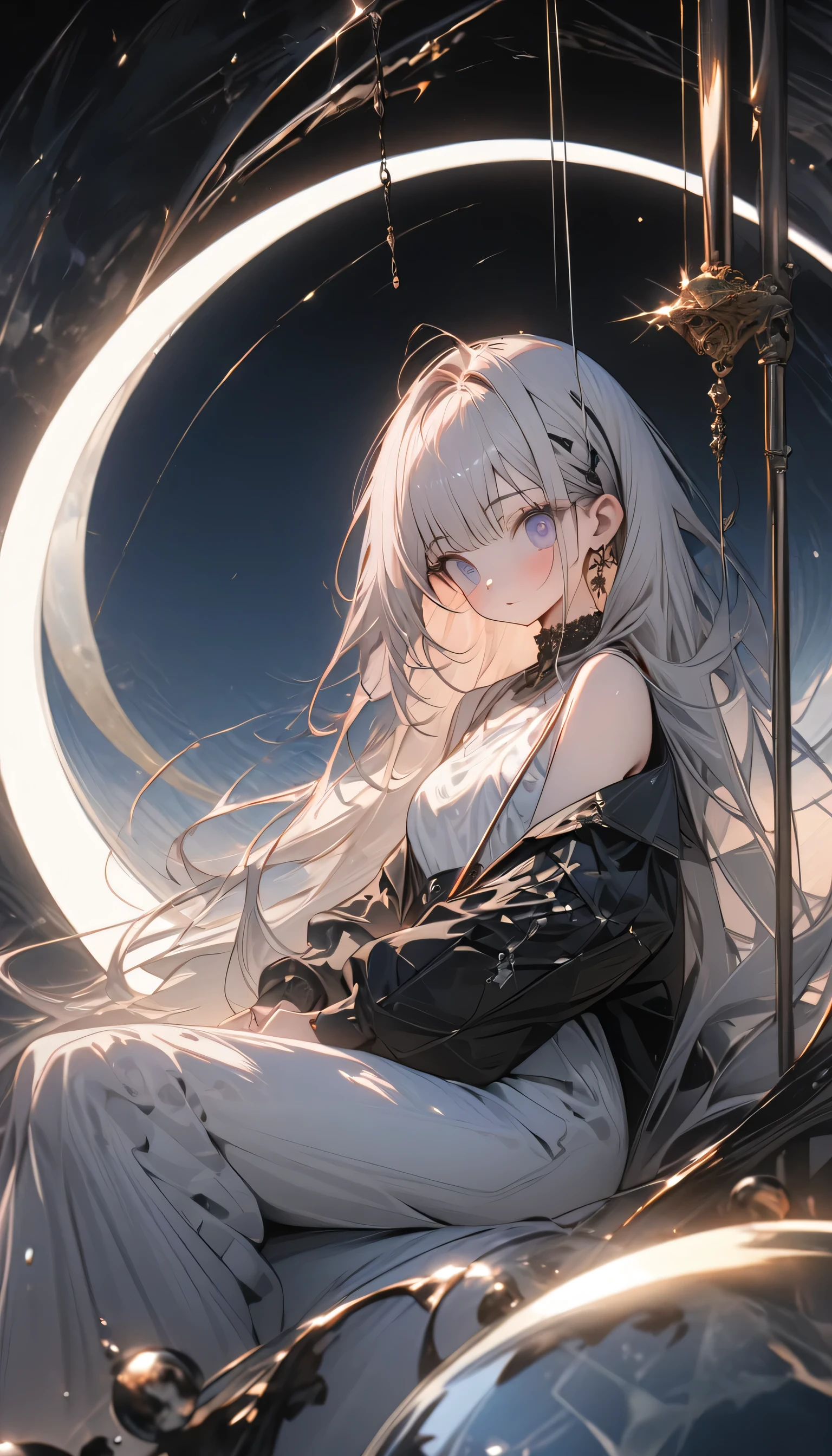 Attractive fishing girl sitting on the crescent moon, 1 person, A very thin line hangs straight down from the fishing rod., Aesthetic globe attached to the top, Transparent and beautiful interior lighting, Art Design, Dark pop fantasy, The aesthetics of minimalism, best quality:1.2, 4K, 8K, Very detailed, High Detail, masterpiece:1.2,