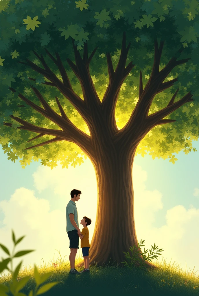 A large tree with a father and son standing underneath, both looking up at the tree with satisfaction and love. The tree is full of leaves, providing shade and a sense of growth
