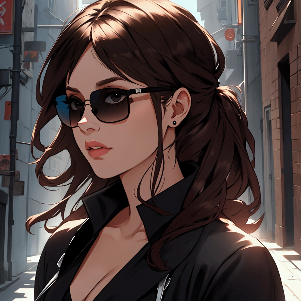 Create profile of young woman with dark brown hair, to wear black sunglasses