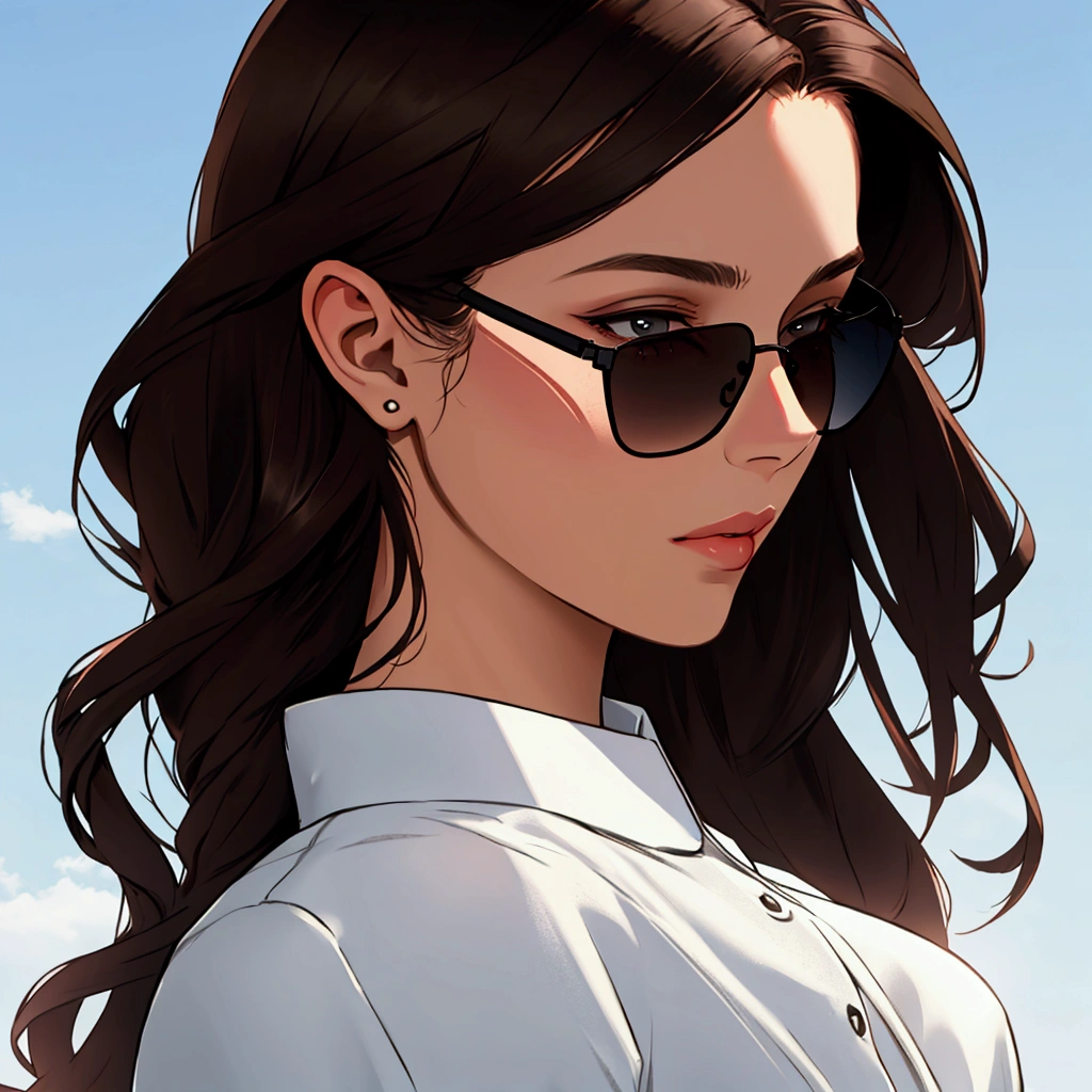 Create profile of young woman with dark brown hair, to wear black sunglasses