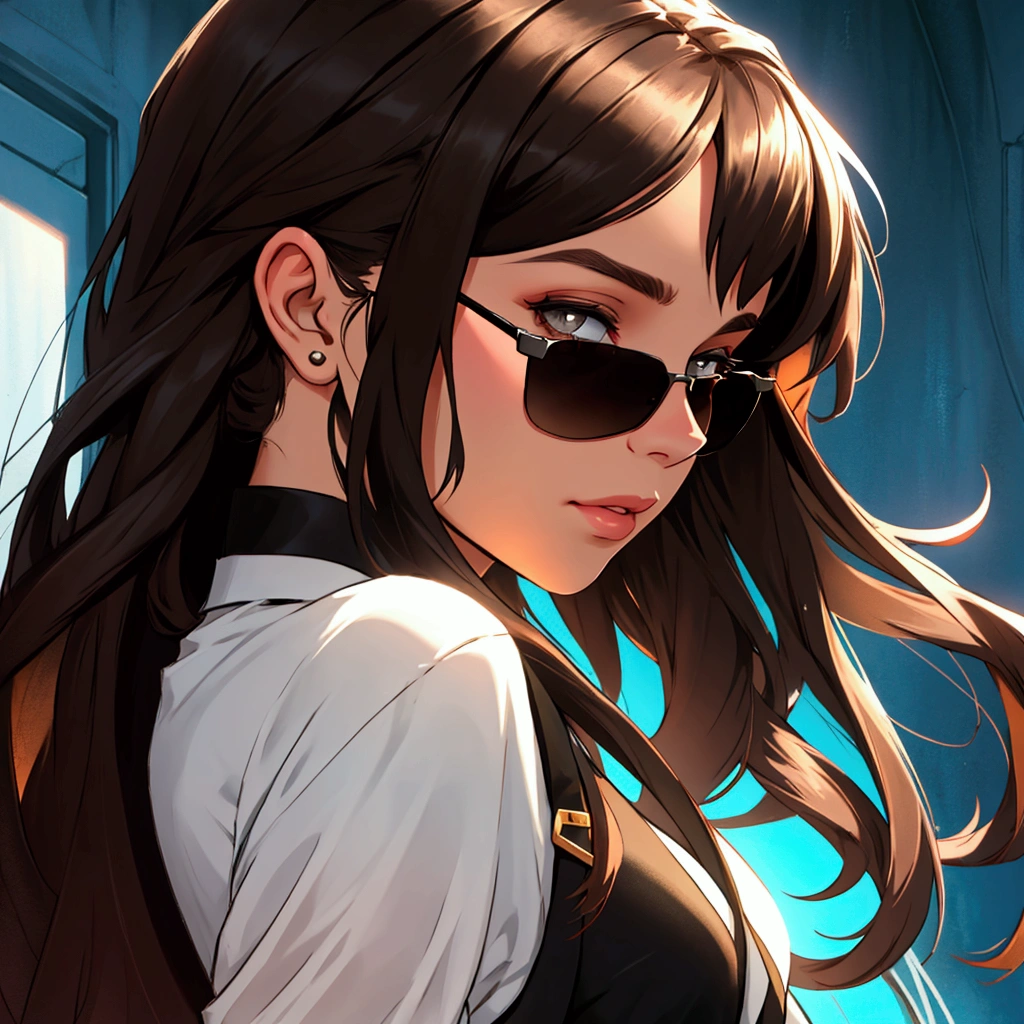 Create profile of young woman with dark brown hair, to wear black sunglasses