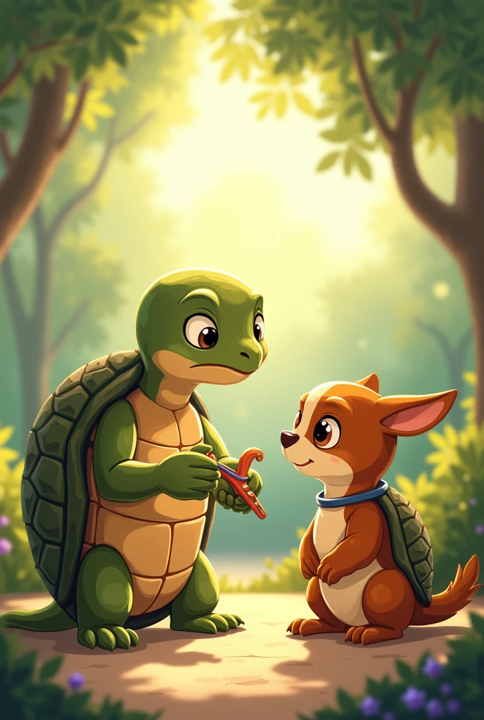 Image: Sammy and Tilly the tortoise in a cozy clearing, with Tilly carefully tending to Bella’s wing.
Description: Illustrate the healing scene with Tilly’s wise demeanor and Sammy’s supportive presence.