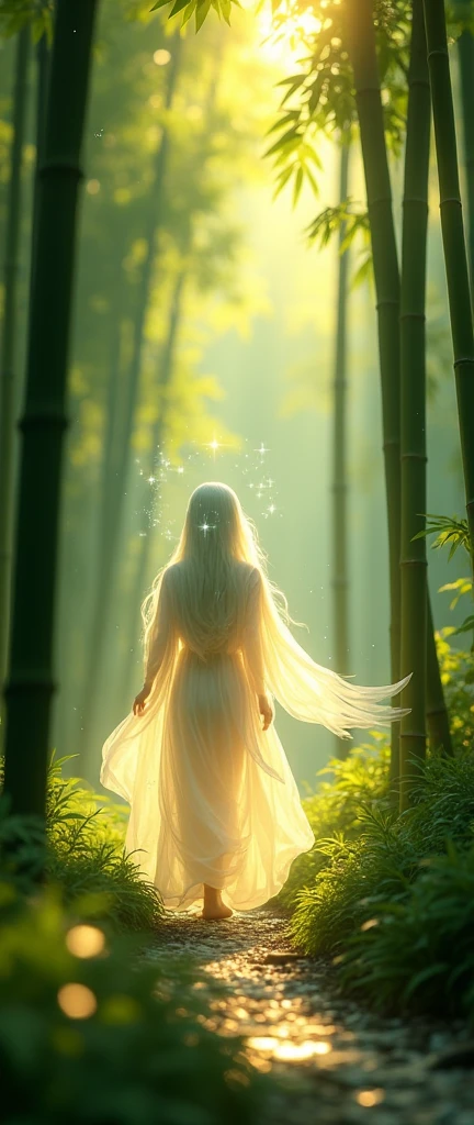 ((Spirit walking through the bamboo forest)),Sunlight filtering through the trees、Light production、Sparkling effects,Close-up,Mysterious work