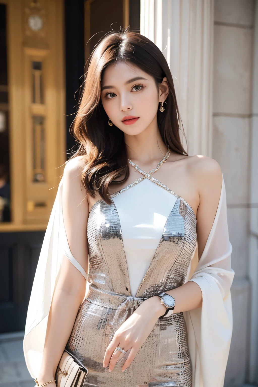 "Create an image of a beautiful woman dressed in a stylish fashion outfit, wearing a wristwatch. The outfit should be modern and elegant, with attention to detail in both the clothing and accessories. The wristwatch should be prominently visible, adding a touch of sophistication to her overall look."