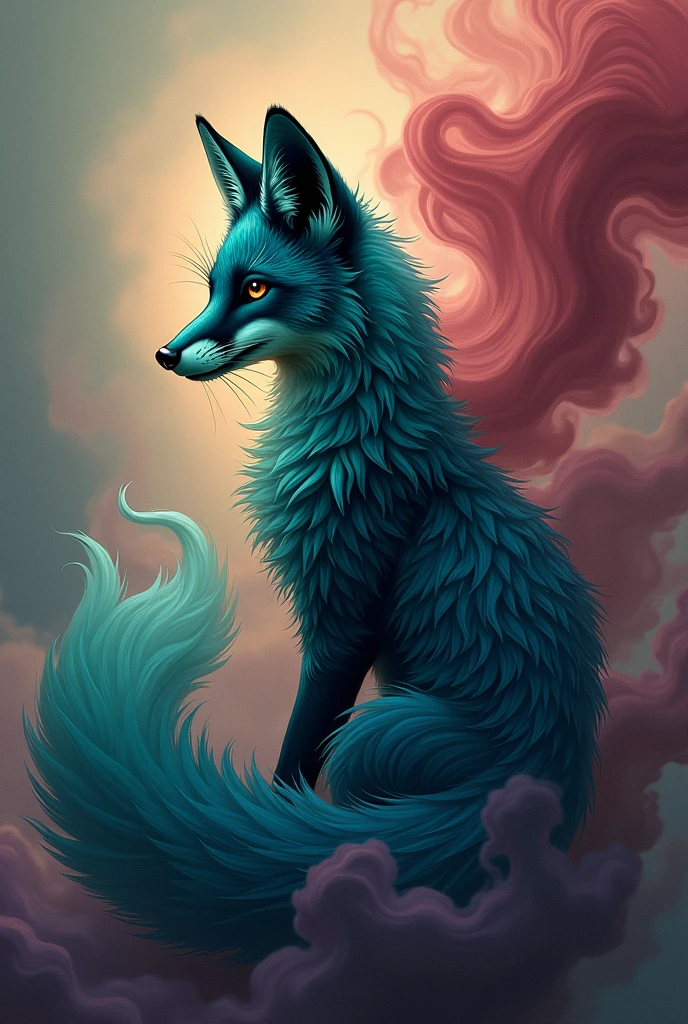 Cute Fox in dark blue mixed green with 9 tails in form of fog sticker for t shirts make it a sticker with background of red smoke 
