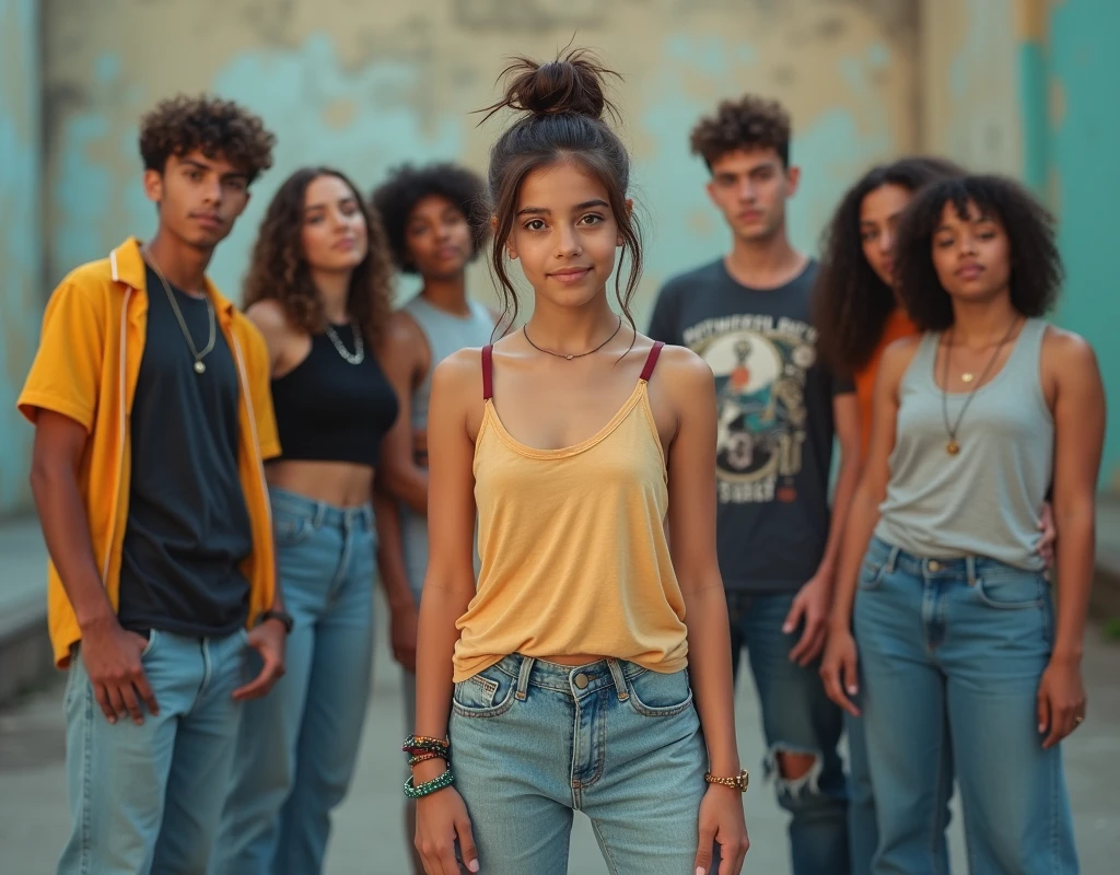 Photo of a teenage girl in skater fashion and her male and female friends. Everyone is wearing a tank top