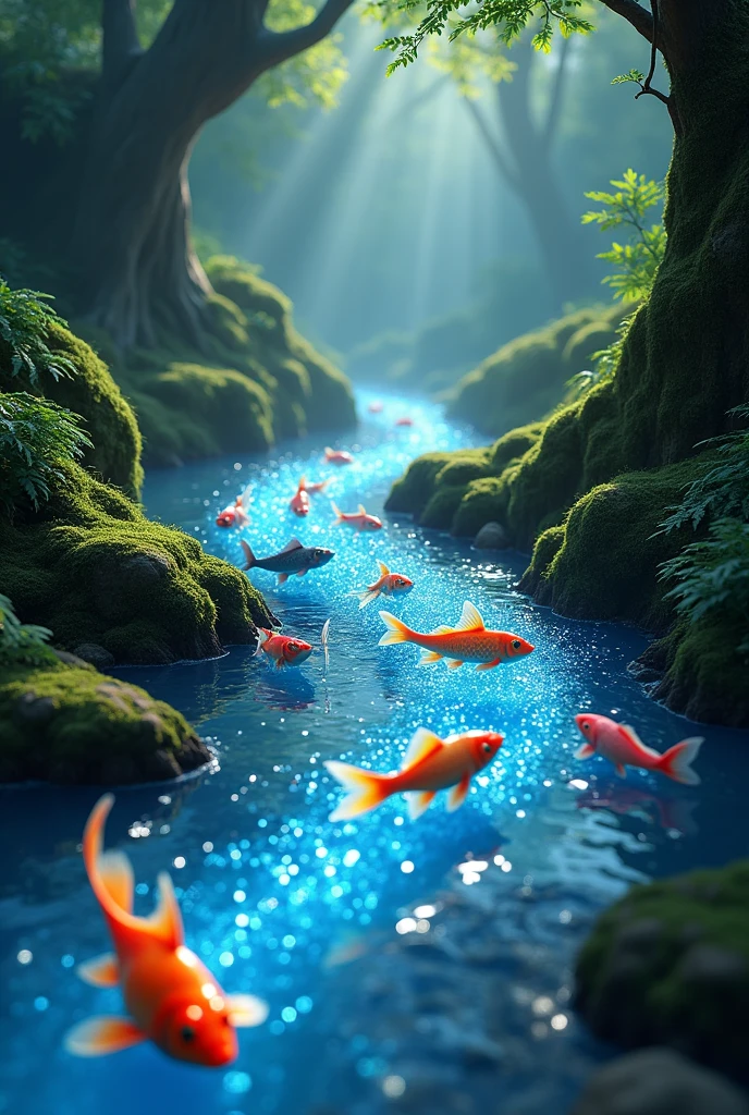 A Magical Stream:

• Appearance: Sparkling water, like diamonds, with colorful fish.