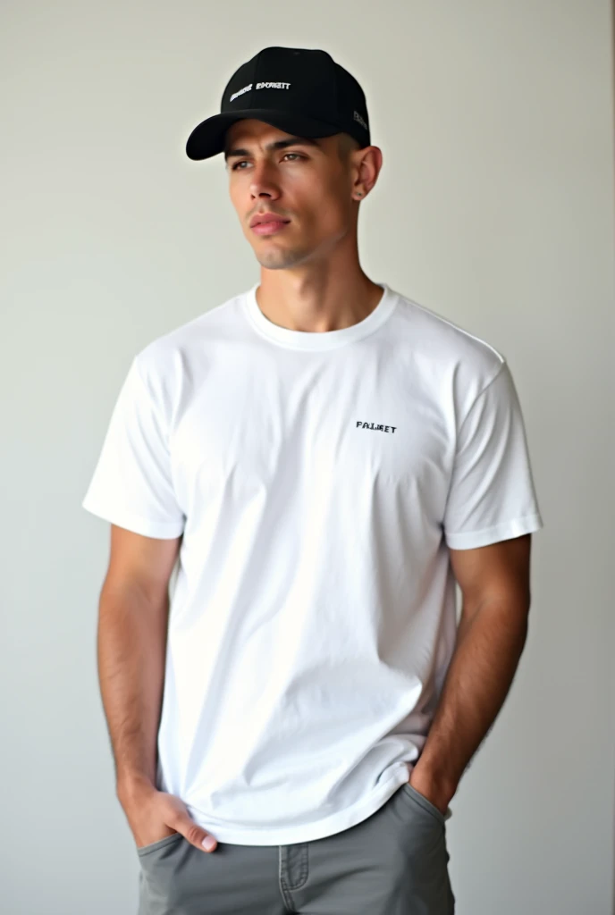Men fashion model with white T-shirt, cap.
