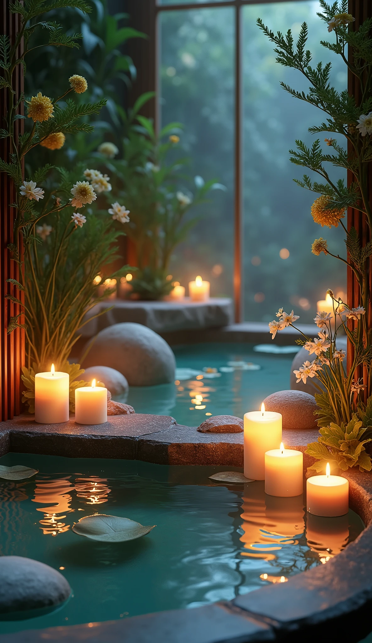 Candles Peaceful atmosphere　Light　Natural water　flower　 Night atmosphere, Relaxing atmosphere Beautiful atmosphere Softly lit　Spa-like　Inside the room　Fantasy