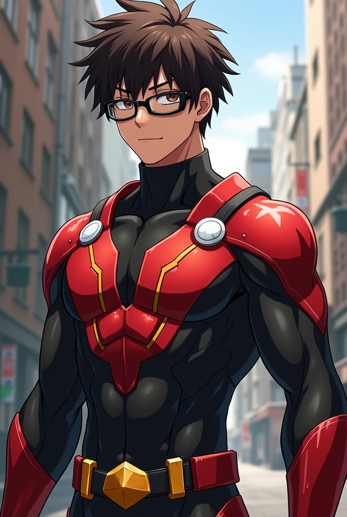 Make an ART of Deku with brown gradient hair, eyes browns, without freckles and wearing glasses, in addition to using the latest version of his hero costume but in red and black colors, white and yellow, more similar to the last version of the costume at the end of the manga and cut the hair in a v in addition to making it darker brown 