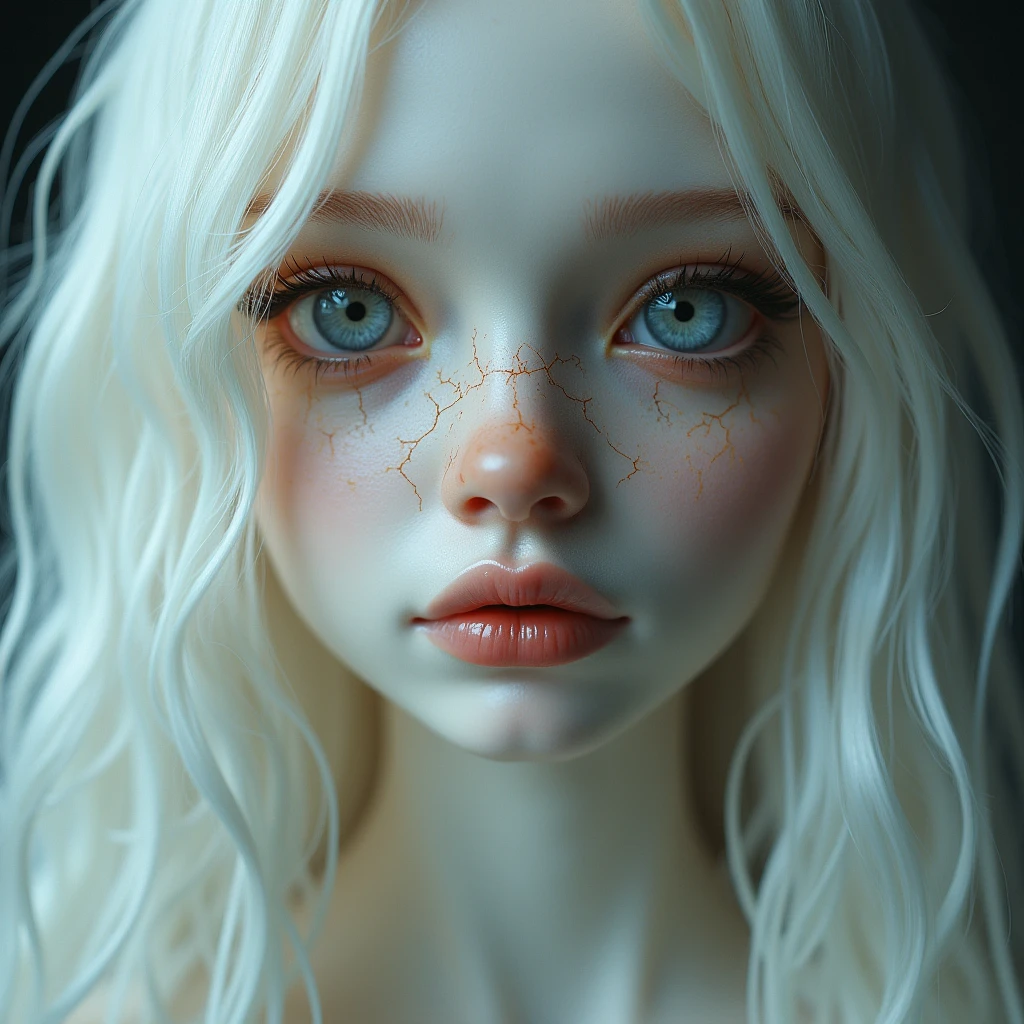 portrait of a doll like woman with porcelain kintsugi skin,cracked skin,shattered porcelain skin,deep fine cracks,kintsugi,soft focus,half body editorial shot,detph of field,uncanny,long white hair,stunning perfect shining eyes,pale skin,shy smile,intricitaly hyperdetailed,amazing depth,expansive details,cracked surface,iridescent surface,Anna Dittmann,Dominic Qwek,complex masterwork by head of prompt engineering,