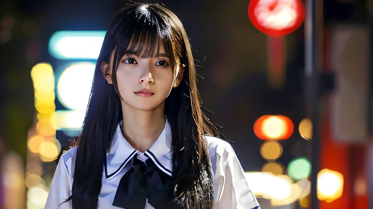 Highest quality,4K,8k,High resolution,masterpiece:1.2,Very detailed,A girl exuding fatigue,long, flowing black hair,Delicate features,Thinking eyes,White skin,Happy expression,Great atmosphere,Wearing a uniform、Gazing into the distance,,Romantic atmosphere、Roppongi Nightlife、Above-the-waist display、Ample breasts、Real Beauty、