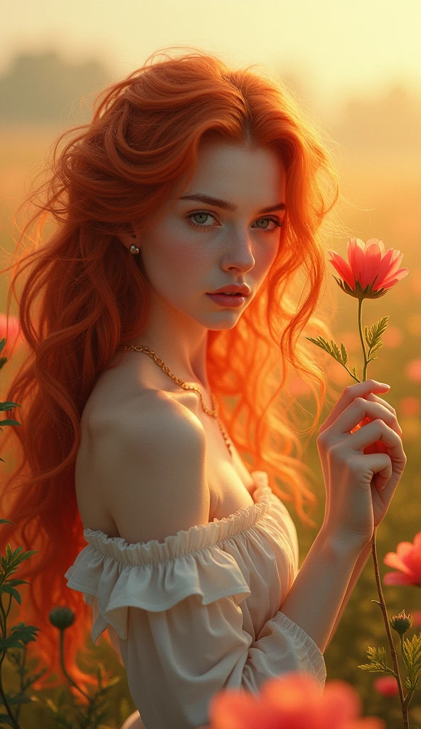 Digital hyperrealistic art, A field with beautiful flowers in the background, a red-haired woman with pure devine pale skin, long curly hair holds a flower in her hand while leaning slightly towards it., Although there is some softness in her face, she maintains a serious gaze. Image with orange tones