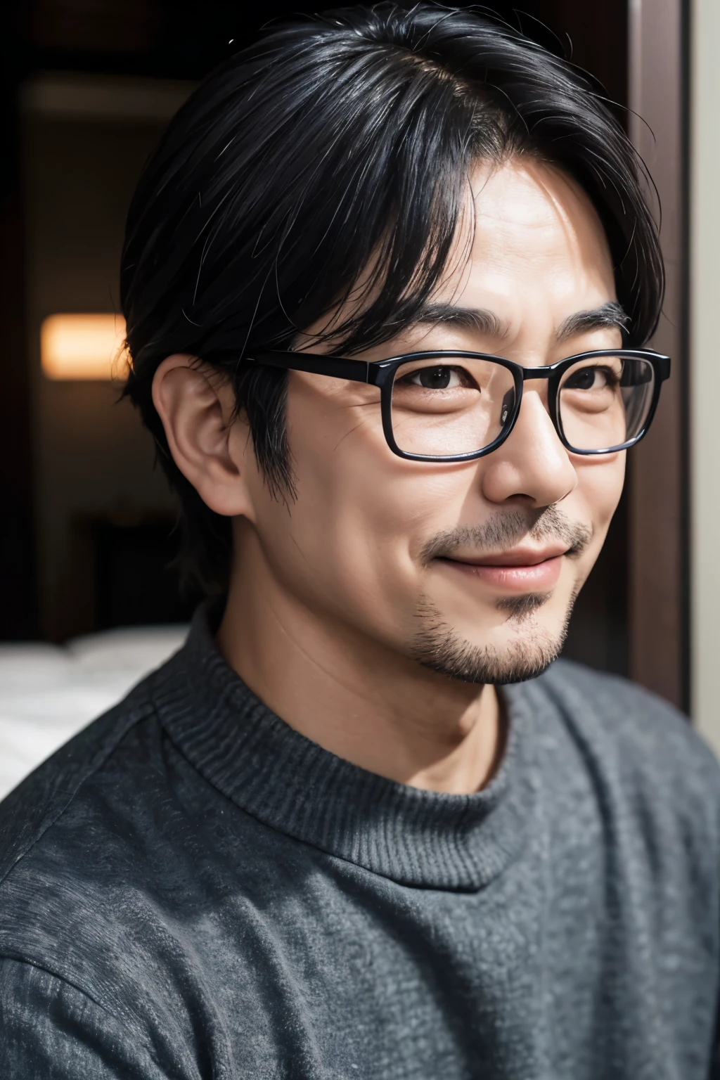 Japanese,50 years old,male,Are fat,Square face contour,smile,Black hair mixed with gray hair,Slightly thinning hair,Kind eyes,Wearing glasses