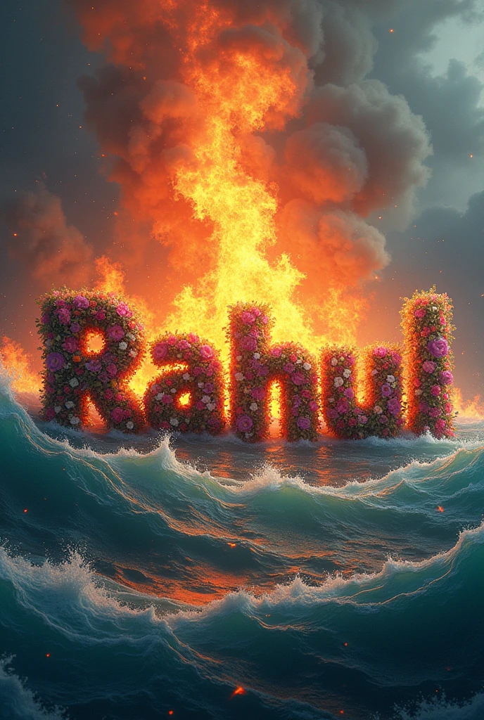 RAHUL name latter make with flowers and burning in ocean 

