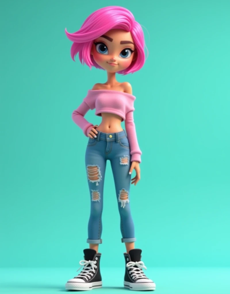 A stylized animated character with short, pink hair and large expressive eyes stands confidently. She wears a light pink cropped off-the-shoulder top and distressed blue jeans with patches. Black high-top sneakers complete her casual look. The background is a solid teal color, enhancing the vibrant appearance of the character.