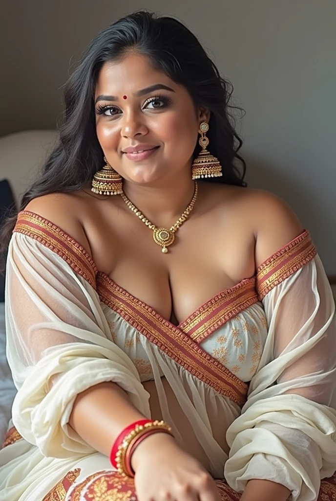 A fair sexy plus sized 3 south indian woman wearing only blouse