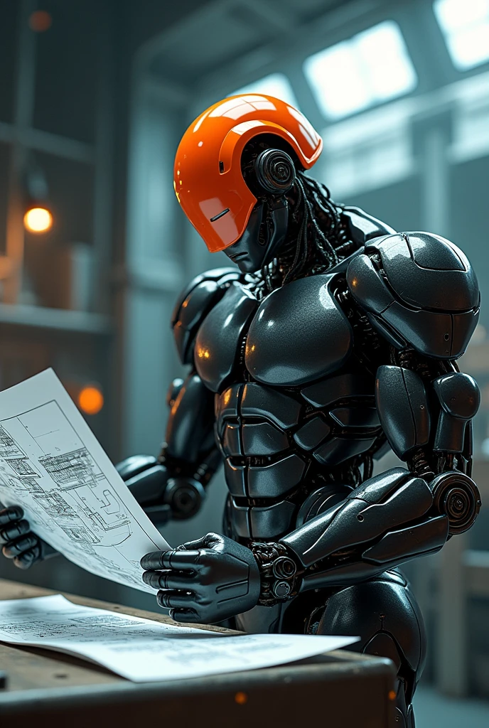 Male robot with big muscles, evil futuristic character wearing brightly colored engineer helmet and reading electrical blueprints